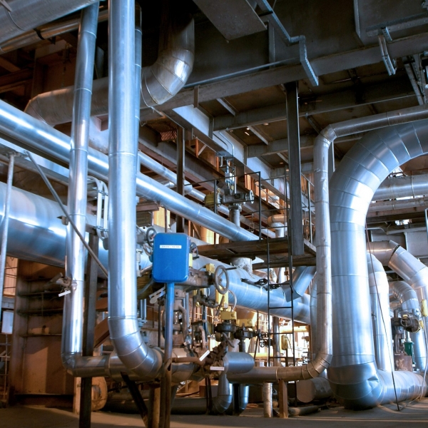 Industrial zone, Steel pipelines and cables in blue tones